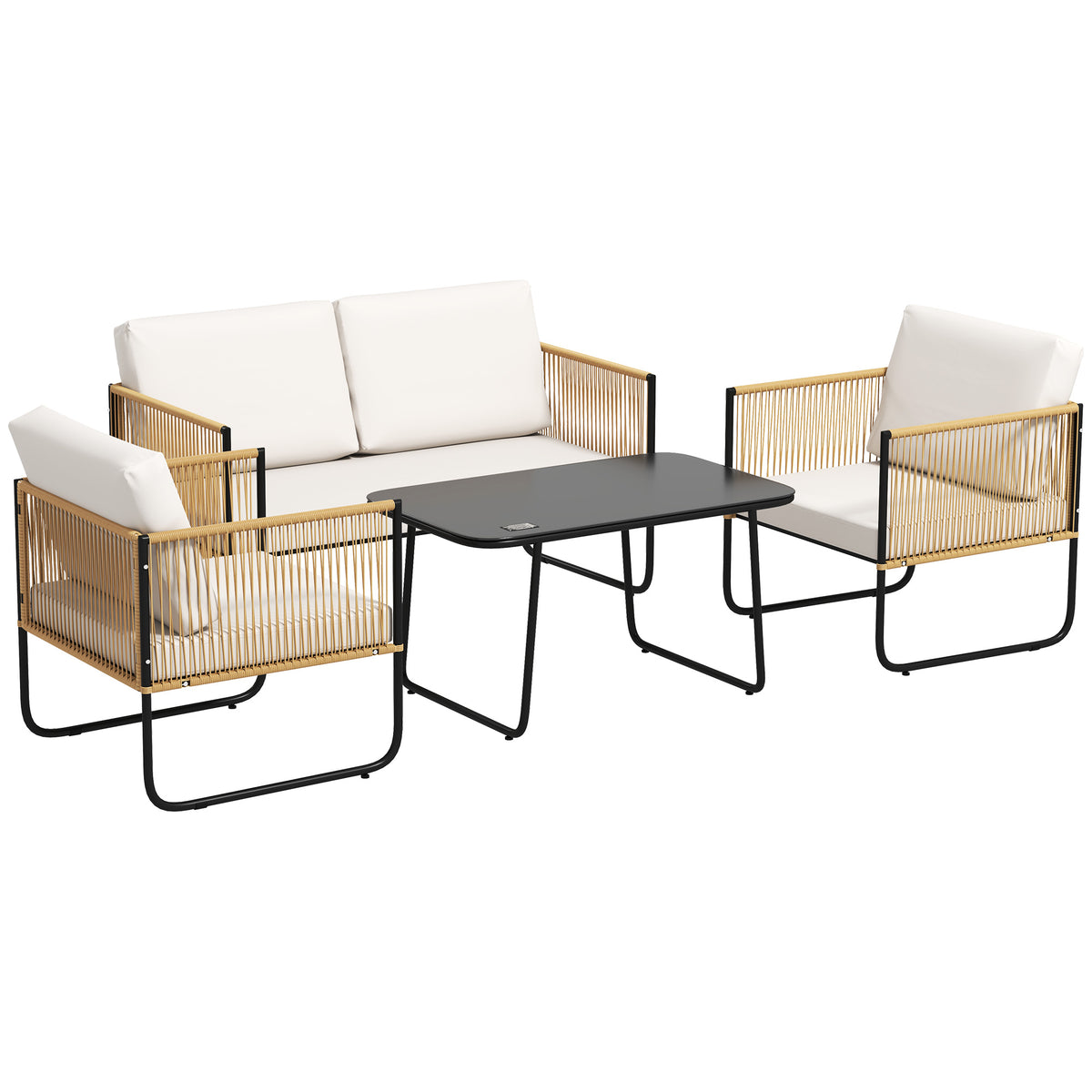 Salon de jardin 4 pièces avec canapé 2 places, 2 fauteuils, 1 table basse en verre et coussins – crème blanc Aosom