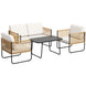 Salon de jardin 4 pièces avec canapé 2 places, 2 fauteuils, 1 table basse en verre et coussins – crème blanc Aosom