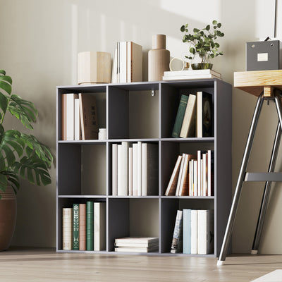 Bibliothèque, étagère de rangement à 3 niveaux avec 9 compartiments, pour salon, bureau, chambre, 91x29,5x91cm, gris