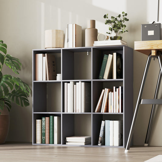 Bibliothèque, étagère de rangement à 3 niveaux avec 9 compartiments, pour salon, bureau, chambre, 91x29,5x91cm, gris