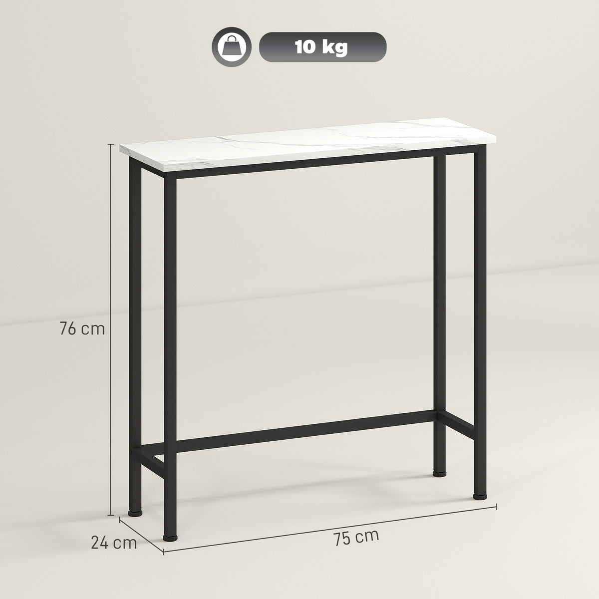 Console meuble 75 cm, table console plateaux en effet marbre, cadre en métal, style moderne blanc et noir