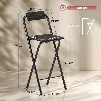 Lot de 2 tabourets de bar pliables avec dossier et repose-pieds, cadre en acier, 87 cm de haut, noir