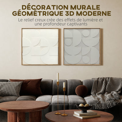 Lot de 2 tableaux abstraits 3D, décoration murale en bois géométrique, pour salon, chambre, bureau, 80 x 80 cm, blanc