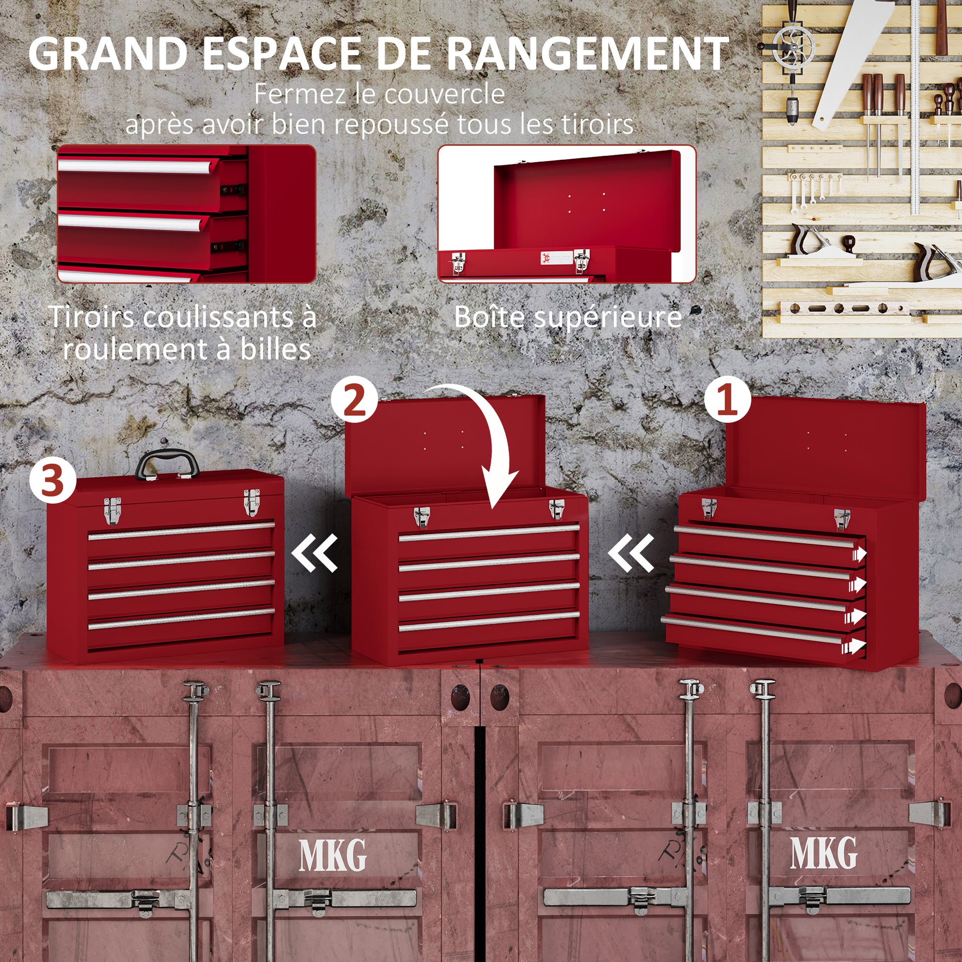 Boite à outils métallique coffret à outils caisse à outils 4 tiroirs + plateau tôle acier 51 x 22 x 39,5 cm rouge