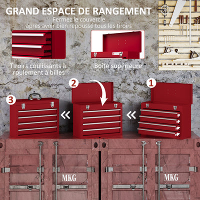 Boite à outils métallique coffret à outils caisse à outils 4 tiroirs + plateau tôle acier 51 x 22 x 39,5 cm rouge