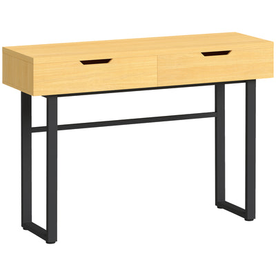 Console meuble 110 cm, table console étroite avec 2 tiroirs, cadre en métal et design sans poignées, bois naturel
