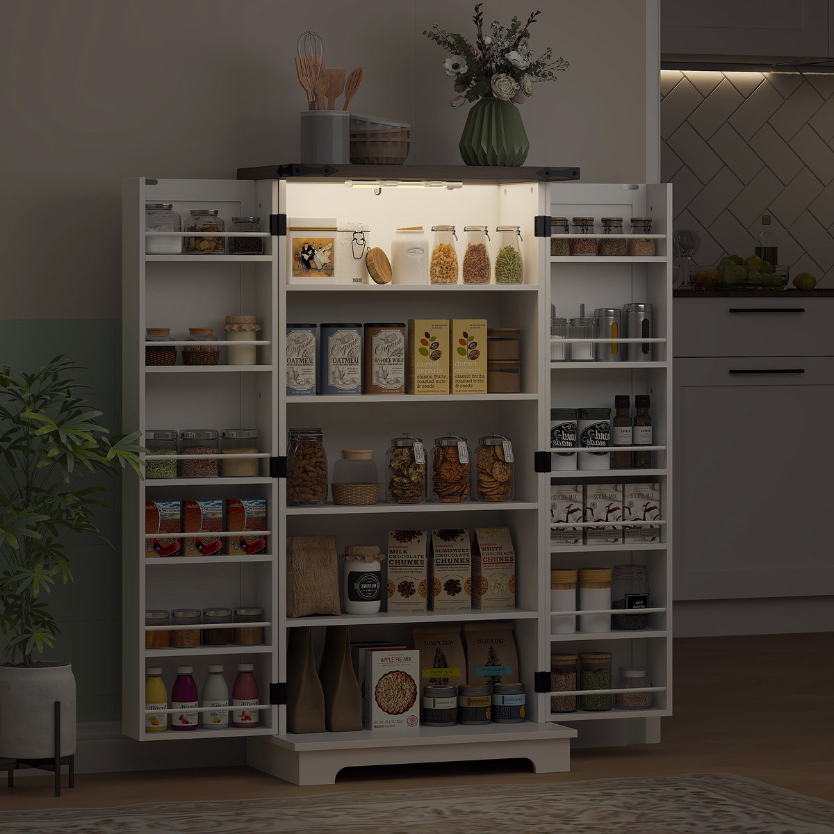 Buffet cuisine, meuble cuisine rangement, avec 12 étagères à portes, lumière LED magnétique, 60 x 40 x 120 cm, blanc