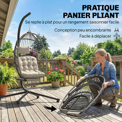 Fauteuil suspendu avec support, chaise suspendue pliante avec repose-pieds rétractable, gris clair