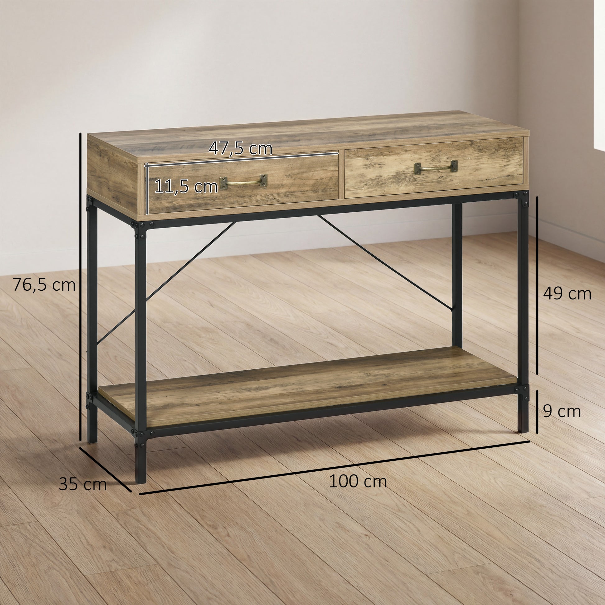 Table Console Table d'appoint d'entrée Industriel dim. 100L x 35l x 76H cm avec 2 tiroirs et 1 plateau Aspect Bois