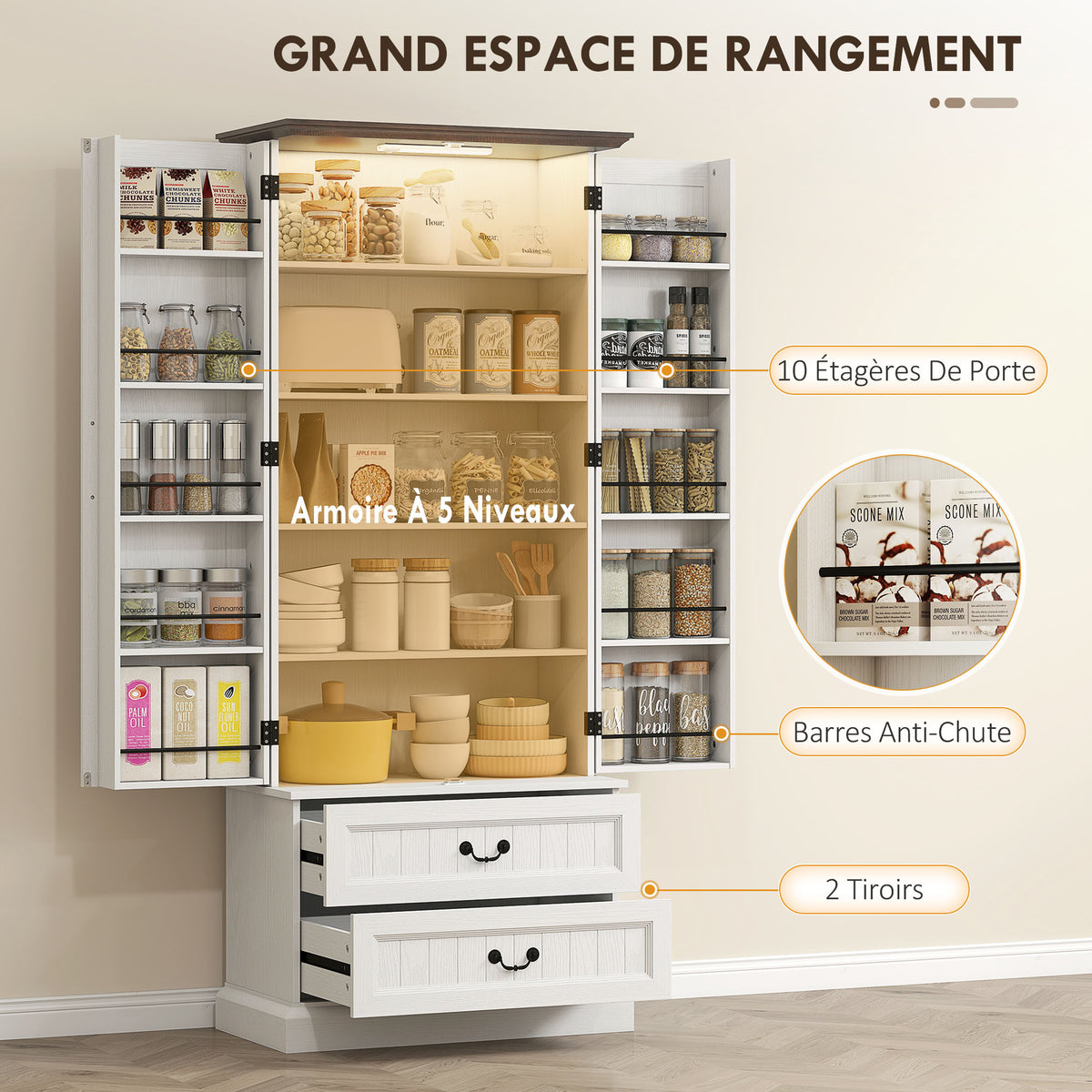 Buffet haut cuisine, armoire de cuisine, LED à capteur, 2 portes, tiroirs et étagères réglables, 76x39,5x183cm, blanc