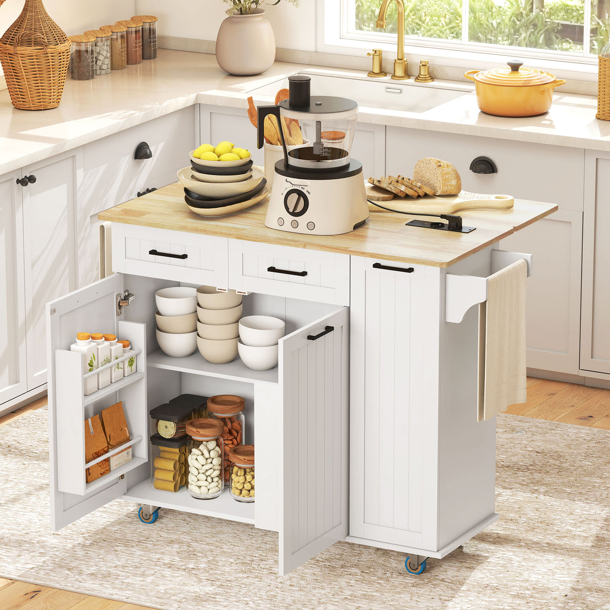 Îlot central cuisine mobile avec prise de courant et port USB, tablette à abattant, étagère réglable blanc