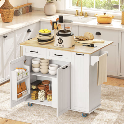 Îlot central cuisine mobile avec prise de courant et port USB, tablette à abattant, étagère réglable blanc