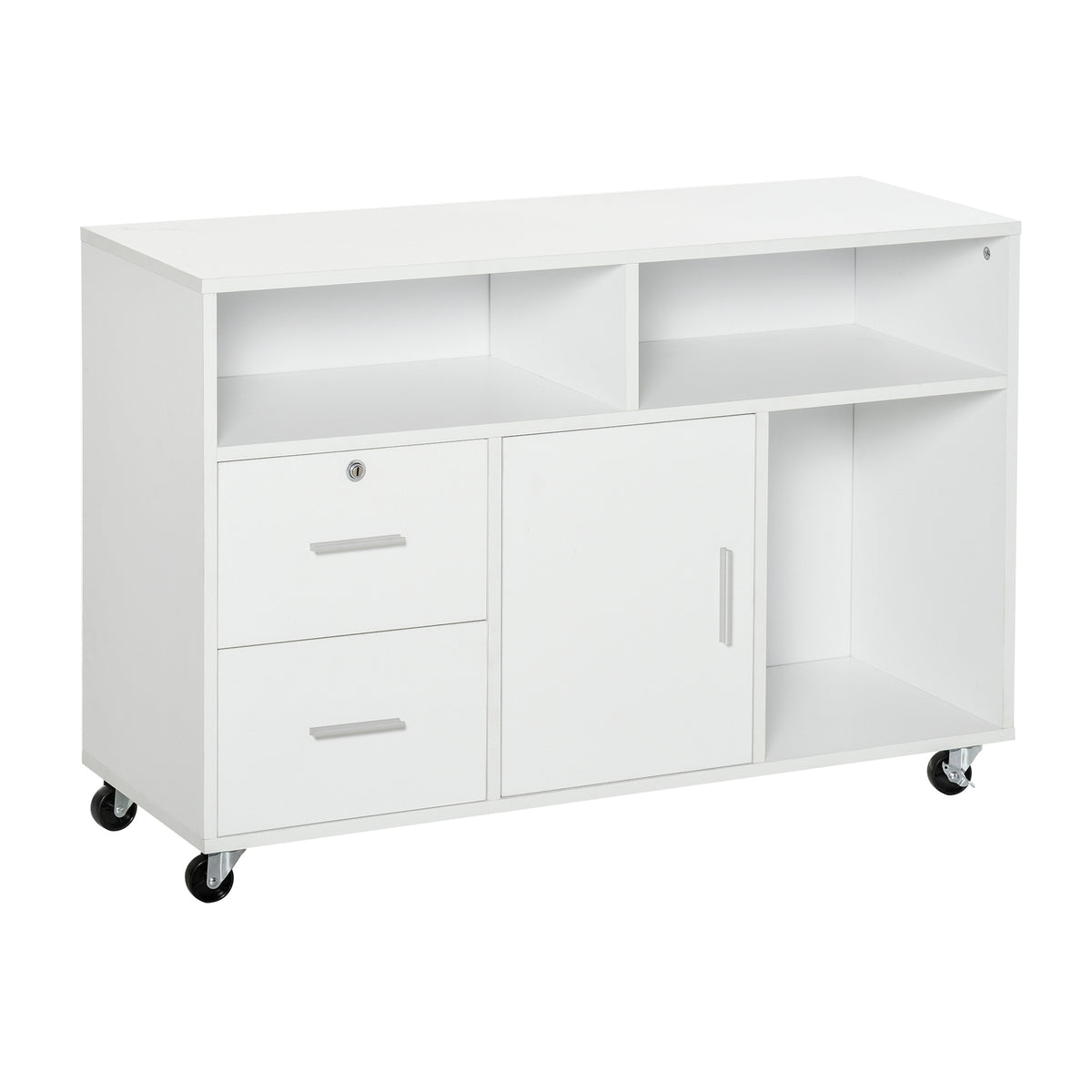 Support d'imprimante à 2 tiroirs meuble de rangement sur roulettes étagères ouvertes et placard, 100 x 35 x 65 cm, blanc
