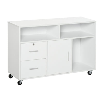 Support d'imprimante à 2 tiroirs meuble de rangement sur roulettes étagères ouvertes et placard, 100 x 35 x 65 cm, blanc