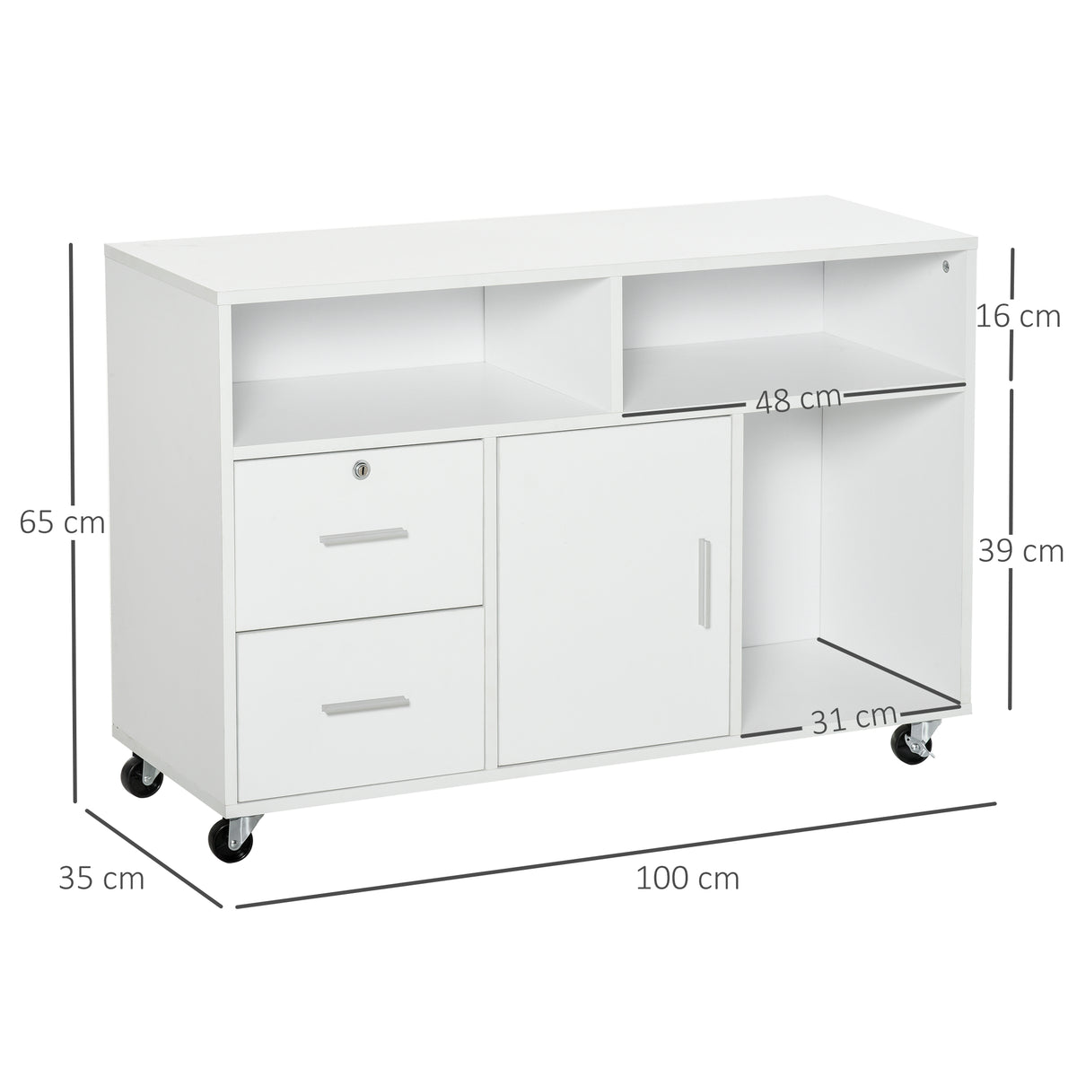 Support d'imprimante à 2 tiroirs meuble de rangement sur roulettes étagères ouvertes et placard, 100 x 35 x 65 cm, blanc