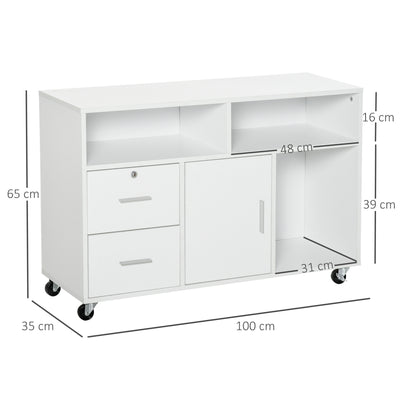 Support d'imprimante à 2 tiroirs meuble de rangement sur roulettes étagères ouvertes et placard, 100 x 35 x 65 cm, blanc