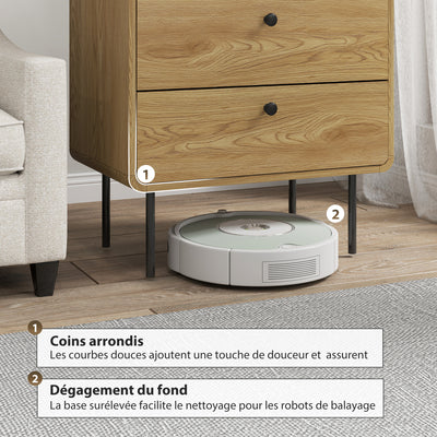 Commode 4 tiroirs, meuble de rangement étroit avec pieds en acier, coins arrondis, 60 x 39 x 91,5 cm, chêne