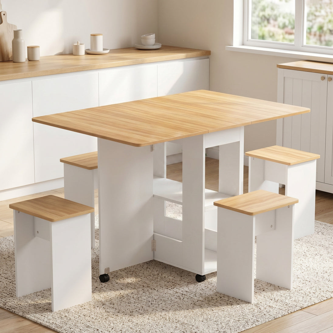 Ensemble table salle à manger pliante avec 4 chaises, table de cuisine avec chaises pour 4 personnes, roulettes, chêne Aosom