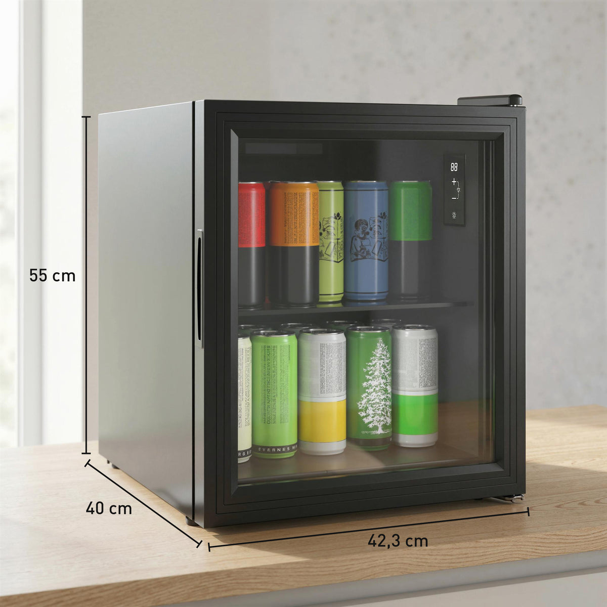 Réfrigérateur à boissons 46L 59 canettes, mini frigo silencieux pose libre avec porte en verre trempé double, noir