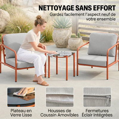 Salon de Jardin 3 Pièces, 2 Fauteuils, 1 Table Basse, Coussins Épais, Plateau en Verre Trempé, 63x77x76cm, Rouge Vineux
