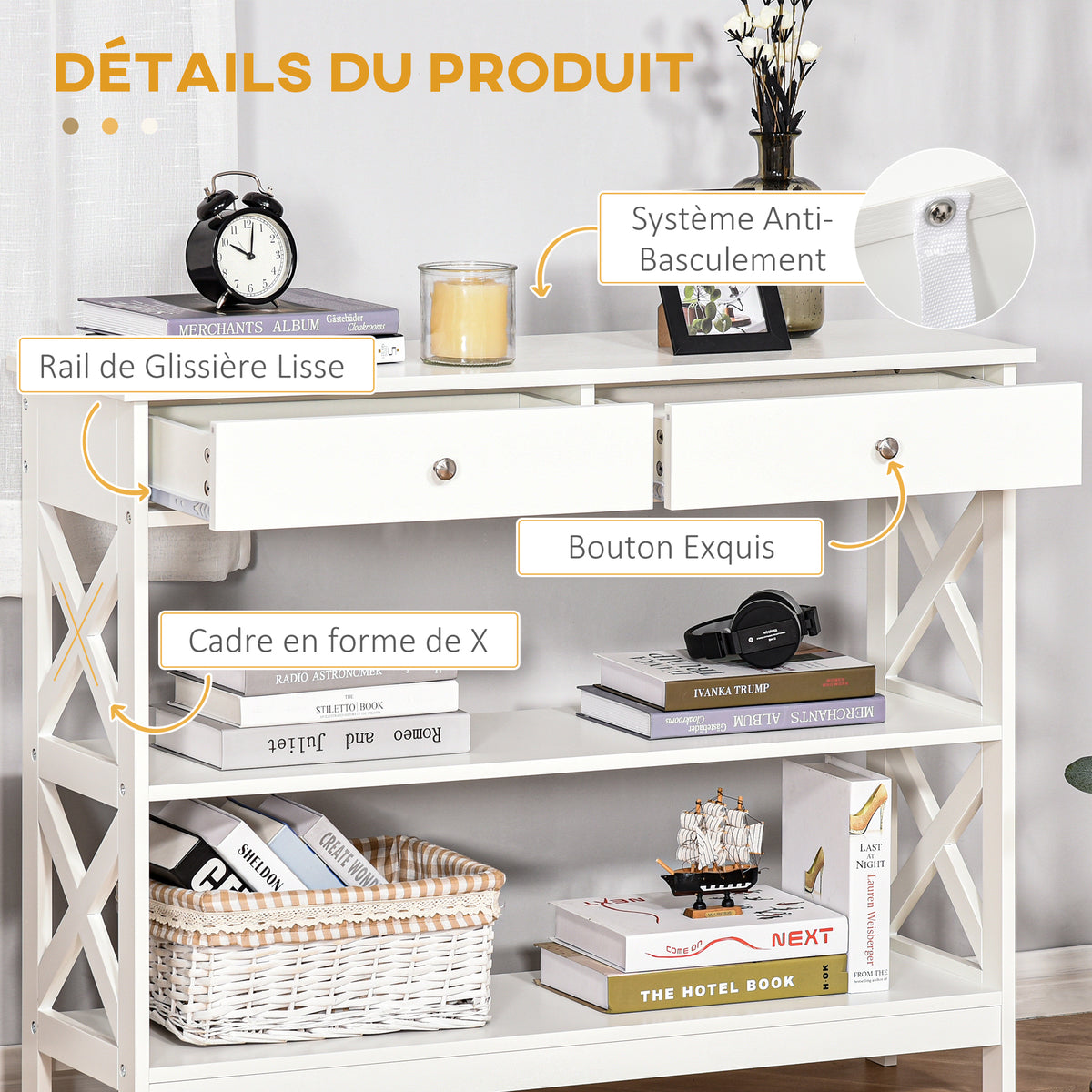 Table de console table d'entrée style table de drapier néo-rétro 2 tiroirs 2 étagères dim. 100L x 30,5l x 80H cm en bois blanc