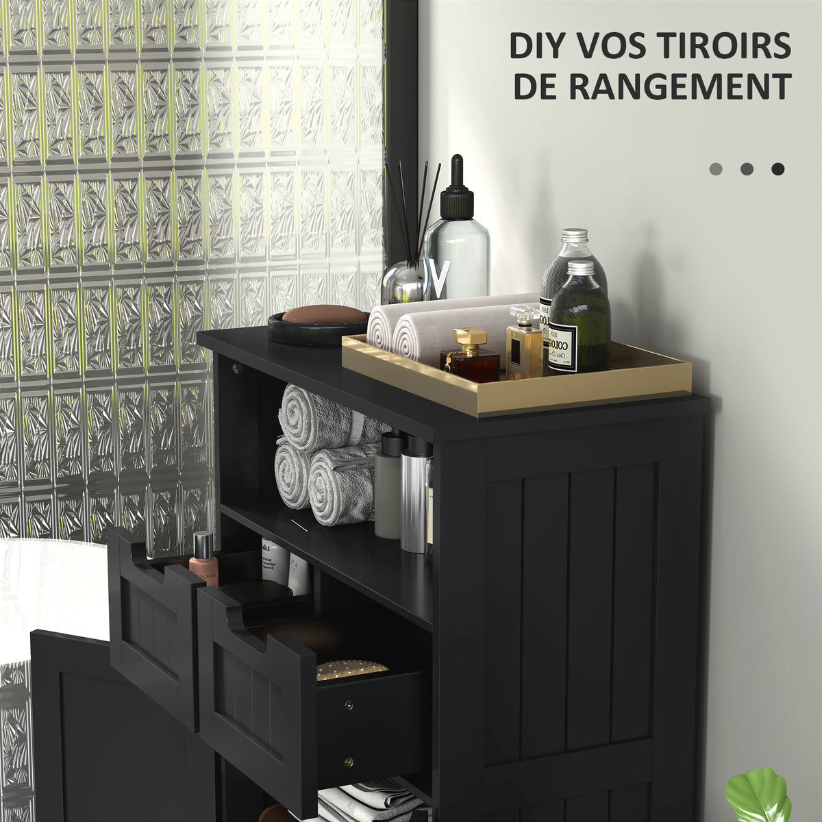 Meuble Bas de Salle de Bain Multi-rangements Grande Niche 2 tiroirs Placard Double Porte avec étagère Noir
