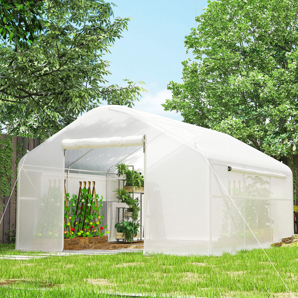 Serre de jardin 4 x 3 x 2m avec portes enroulables et grandes fenêtres, serre tunnel de jardin, blanc