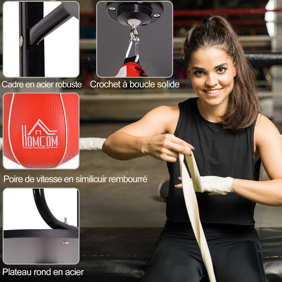 Punching Ball Poire de Vitesse Boxe avec Support Plateau tournant + Pompe en bois Hauteur Réglable Acier revêtement synthétique Rouge Noir
