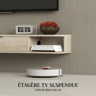 Meuble TV suspendu, meuble télé pour téléviseur jusqu'à 50 pouces, tiroir rabattable 2 étagères 120x24x16cm bois naturel