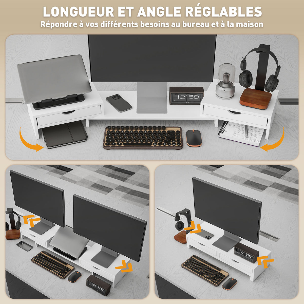 Rehausseur écran PC bureau support d'écran d'ordinateur de 60-116 cm avec 2 tiroirs, longueur et angle réglables Aosom