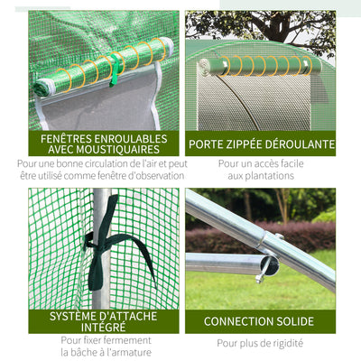 Serre de jardin tunnel 13,5 m² 6 fenêtres porte zippée enroulable châssis acier galvanisé bâche PE 4,5 x 3 x 2 m vert