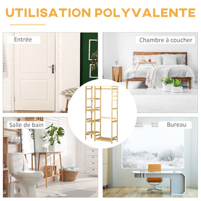 Portant à Vêtements Bambou Penderie Porte-Manteaux avec étagères, Tringle et 2 patères - dim. 90L x 30P x 155H cm