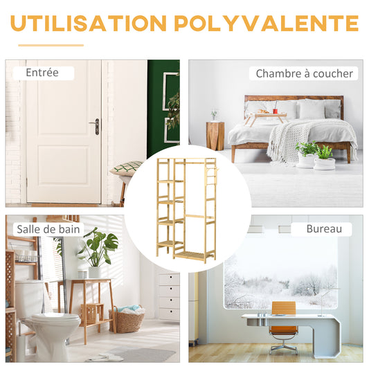 Portant à Vêtements Bambou Penderie Porte-Manteaux avec étagères, Tringle et 2 patères - dim. 90L x 30P x 155H cm