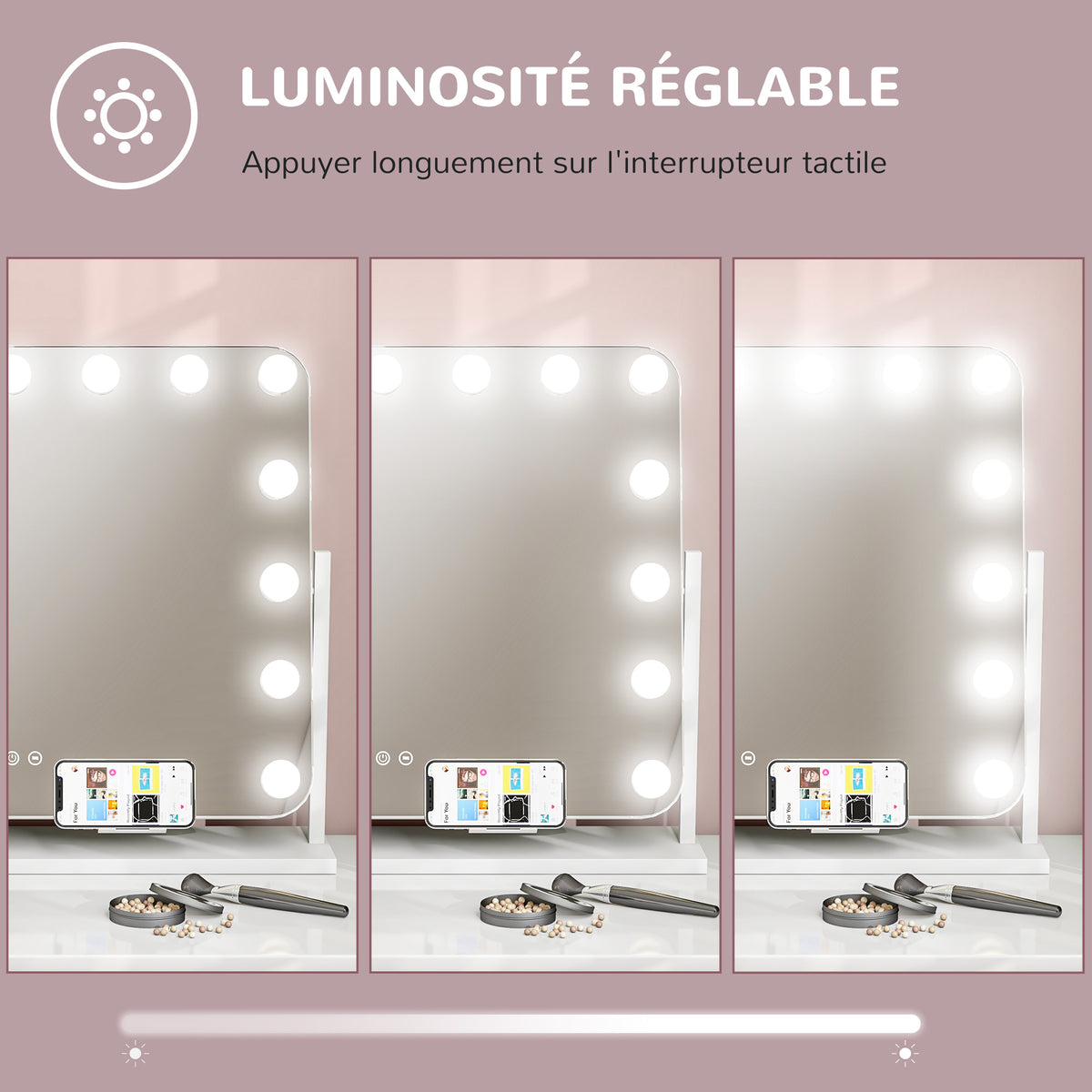 Miroir maquillage lumineux LED intensité réglable miroir grossissant port de charge USB, rotation à 360° 63 x 50 cm