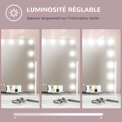 Miroir maquillage lumineux LED intensité réglable miroir grossissant port de charge USB, rotation à 360° 63 x 50 cm