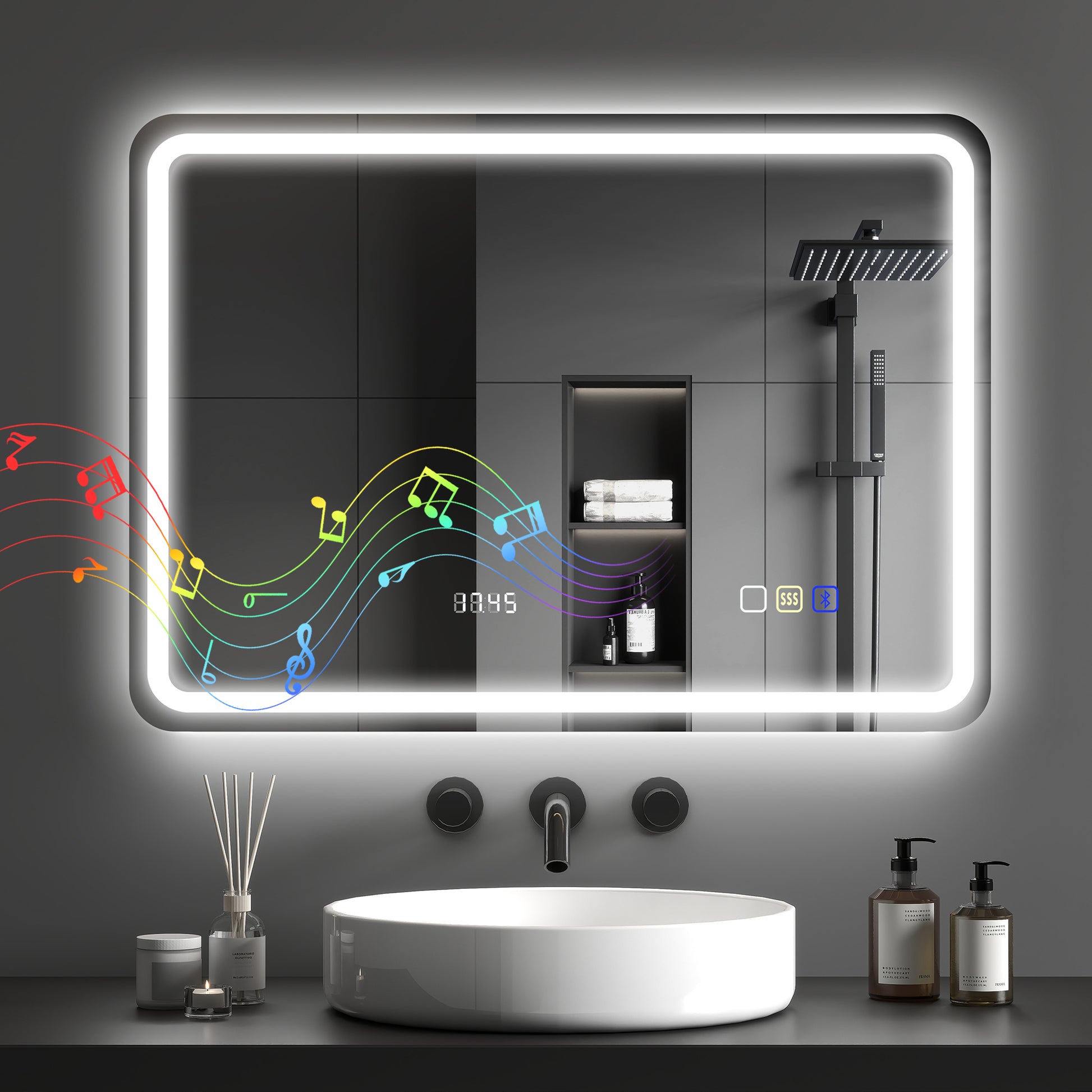 Miroir salle de bain Bluetooth avec éclairage LED 50 x 70 cm, miroir lumineux mural avec horloge, antibuée, argenté