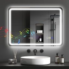 Miroir salle de bain Bluetooth avec éclairage LED 50 x 70 cm, miroir lumineux mural avec horloge, antibuée, argenté
