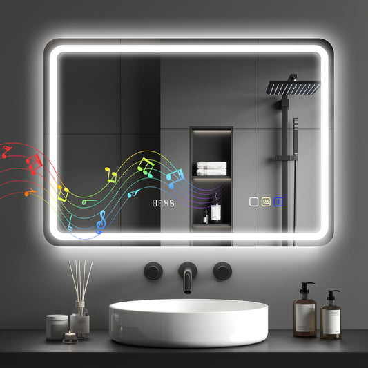 Miroir salle de bain Bluetooth avec éclairage LED 50 x 70 cm, miroir lumineux mural avec horloge, antibuée, argenté