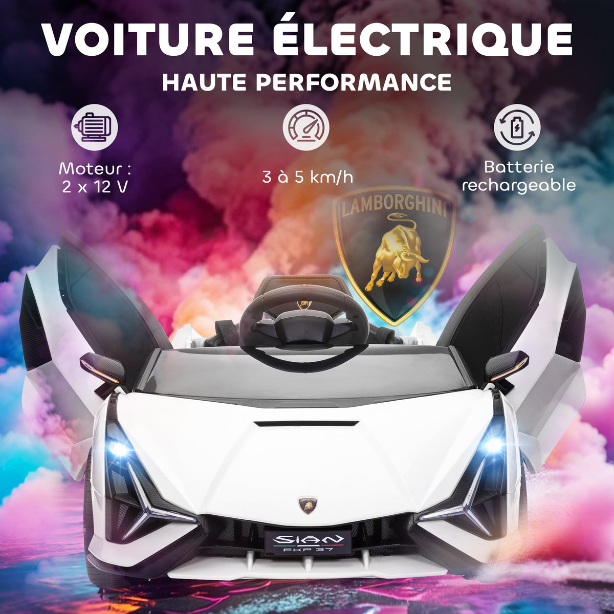 Voiture électrique Enfants de Sport Véhicule électrique Lamborghini Sian 12 V - V. Max. 5 Km/h avec Télécommande 2,4G Effets sonores + Lumineux Blanc