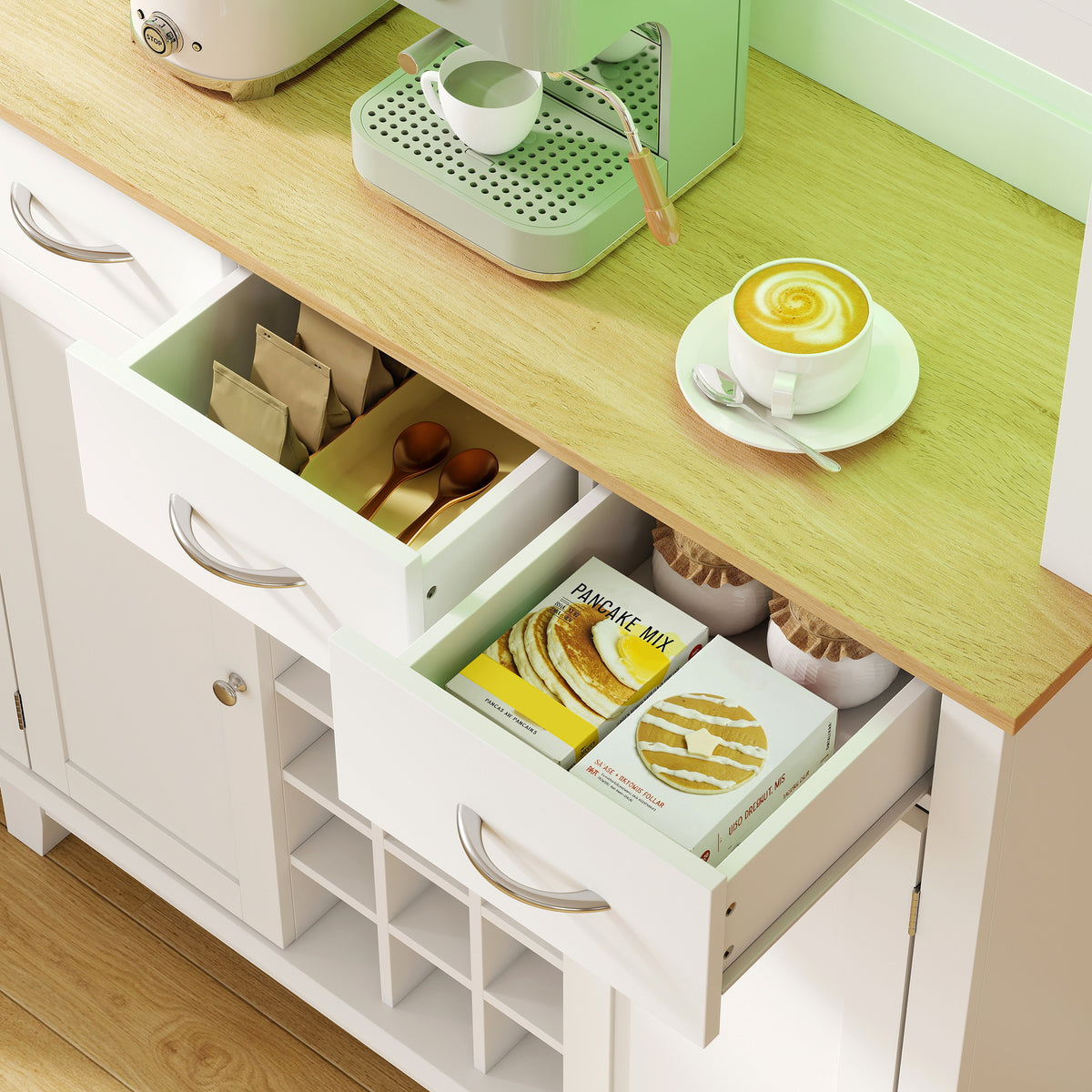 Buffet haut cuisine avec éclairage LED, vaisselier, 4 portes dont 2 en verre, tiroirs, porte-bouteilles, blanc