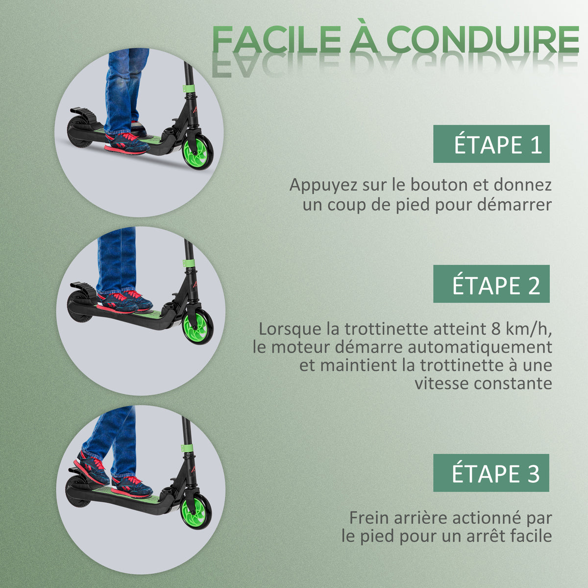 Trottinette électrique enfants 6 ans + pliable scooter électrique vitesse 8 km/h 71x36,5x75-80cm, aluminium, acier, vert
