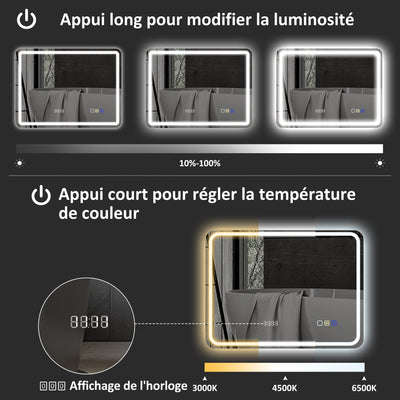Miroir salle de bain Bluetooth avec éclairage LED 60 x 80 cm, miroir lumineux mural avec horloge, antibuée, argenté