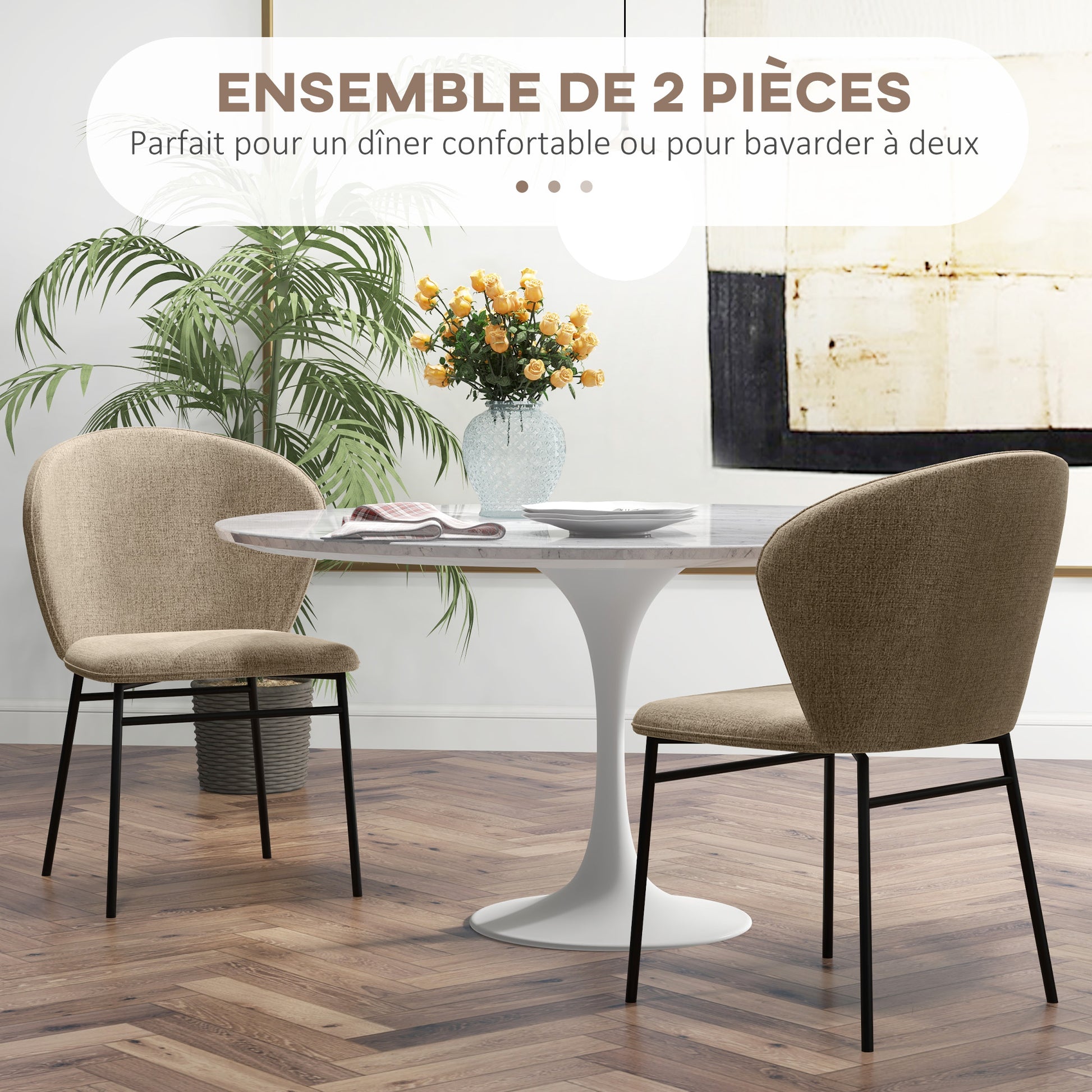 Lot de 2 chaises de salle à manger assise rembourrée en tissu aspect lin pieds en acier stable design moderne marron clair