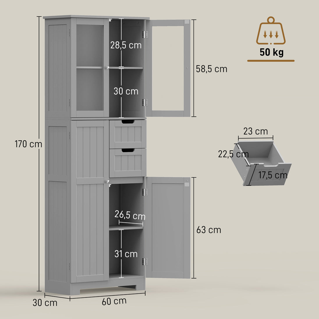 Meuble de salle de bain haut, meuble de rangement avec 4 portes dont 2 vitrées, 2 tiroirs et étagères réglables, gris Aosom