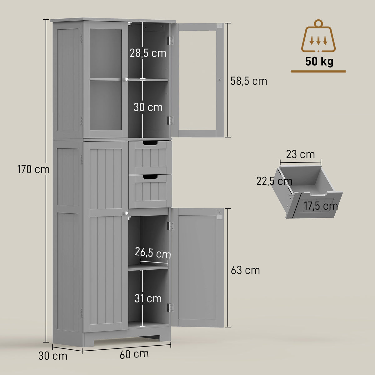 Meuble de salle de bain haut, meuble de rangement avec 4 portes dont 2 vitrées, 2 tiroirs et étagères réglables, gris Aosom