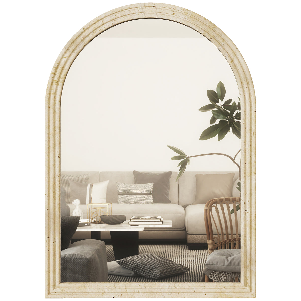 Miroir Mural Arqué, Miroir Moderne avec Bord Rainuré et Crochets, Verre Trempé et Polystyrène, 60 x 90 cm, Beige