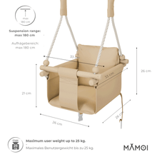 MAMOI® Huśtawka dziecięca do domu z pasami bezpieczeństwa, miękkie siedzisko z poduszką, drewniane uchwyty, montaż sufitowy, 100% ECO, wyprodukowana w UE