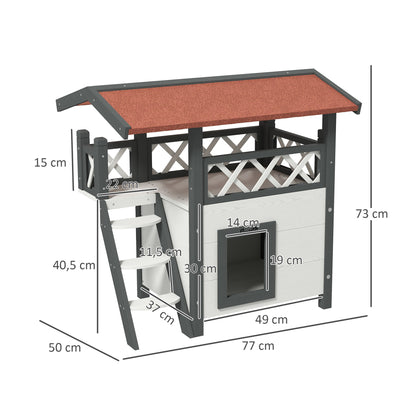 Cabane Chat Extérieur avec Terrasse, Escalier, Toit, Niche Villa, 77 x 50 x 73 cm Blanc et Rouge