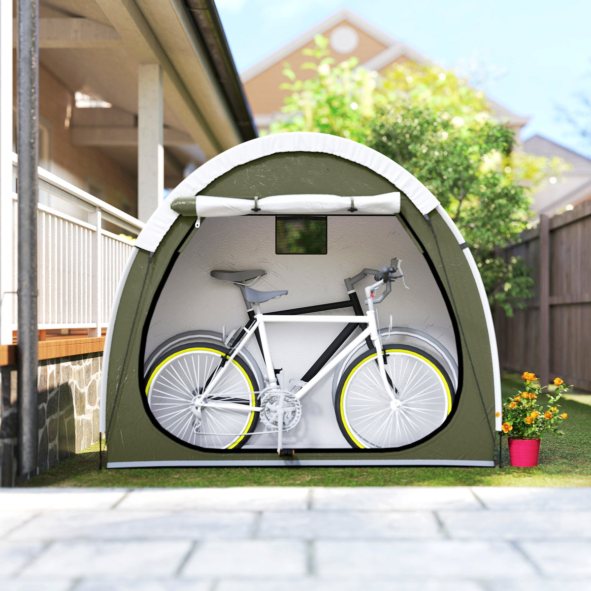 Tente à Vélo Abri de Vélo Portable pour 2 Vélos Imperméable avec poche sac transport Tissu Oxford 200 x 80 x 170 cm vert