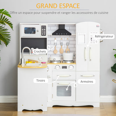 Cuisine pour Enfant 3-6 ans Jeu d'imitation Nombreux Accessoires rangements évier, robinet, four, micro-ondes, hotte, téléphone et réfrigérateur Blanc